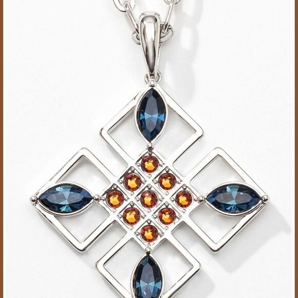 #Touchstone Crystal Gallery Pendant Necklace Blue & Amber Crystals Rhodium #NWOT - Picture 4 of 5